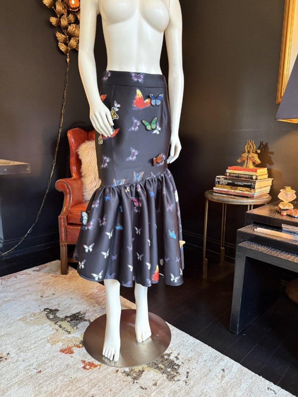 Black Butterfly Print Ruffle Hem Mermaid Midi Skirt Sz 4/6